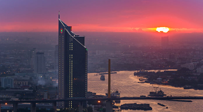 The Chao Phraya River and the city it flows through in the sunset