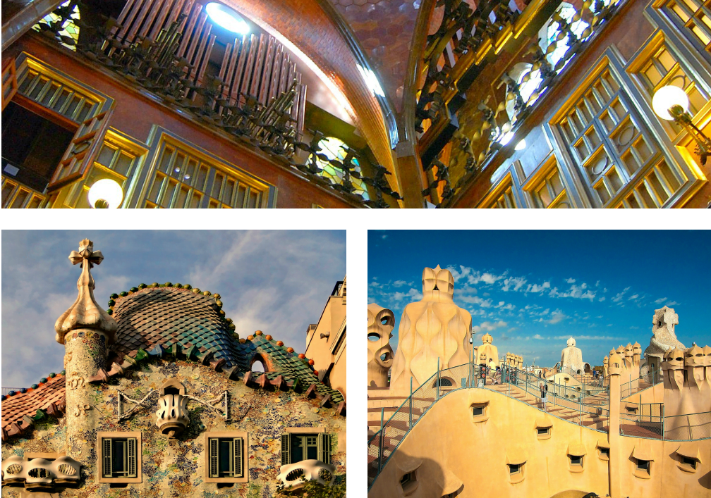 The interior of the Güell Palace (above). Casa Batlló's scaly rooftop and accessible staircase of Casa Milà