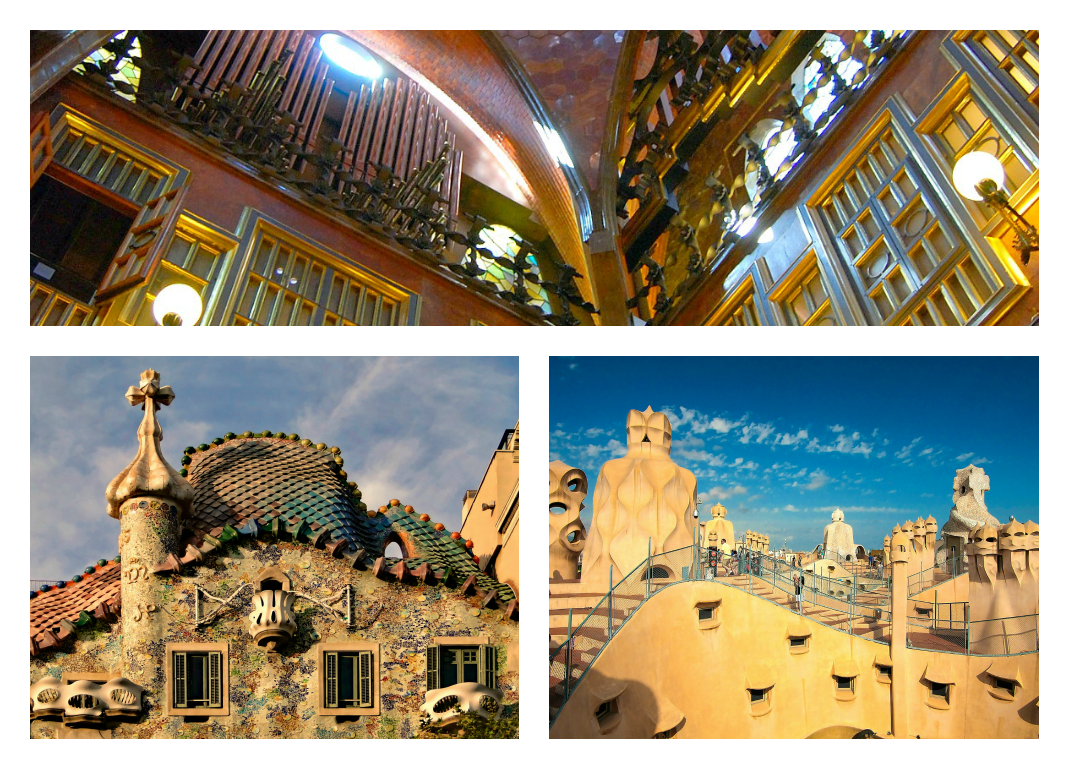 The interior of the Güell Palace (above). Casa Batlló's scaly rooftop and accessible staircase of Casa Milà