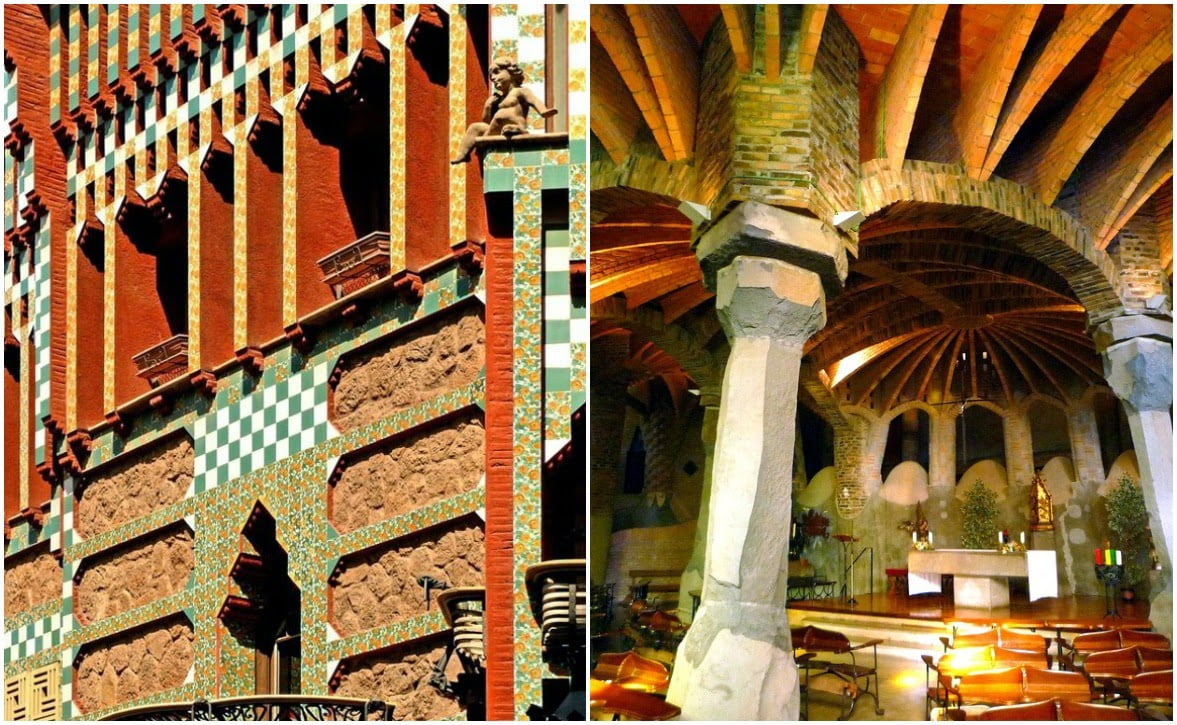 Above: The famous Park Güell. Below: The multi-colored tiles of Casa Vicens and Gaudi's crypt, a magnificent church chamber. 