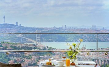Breakfast on the terrace st the Raffles Istanbul in Turkey