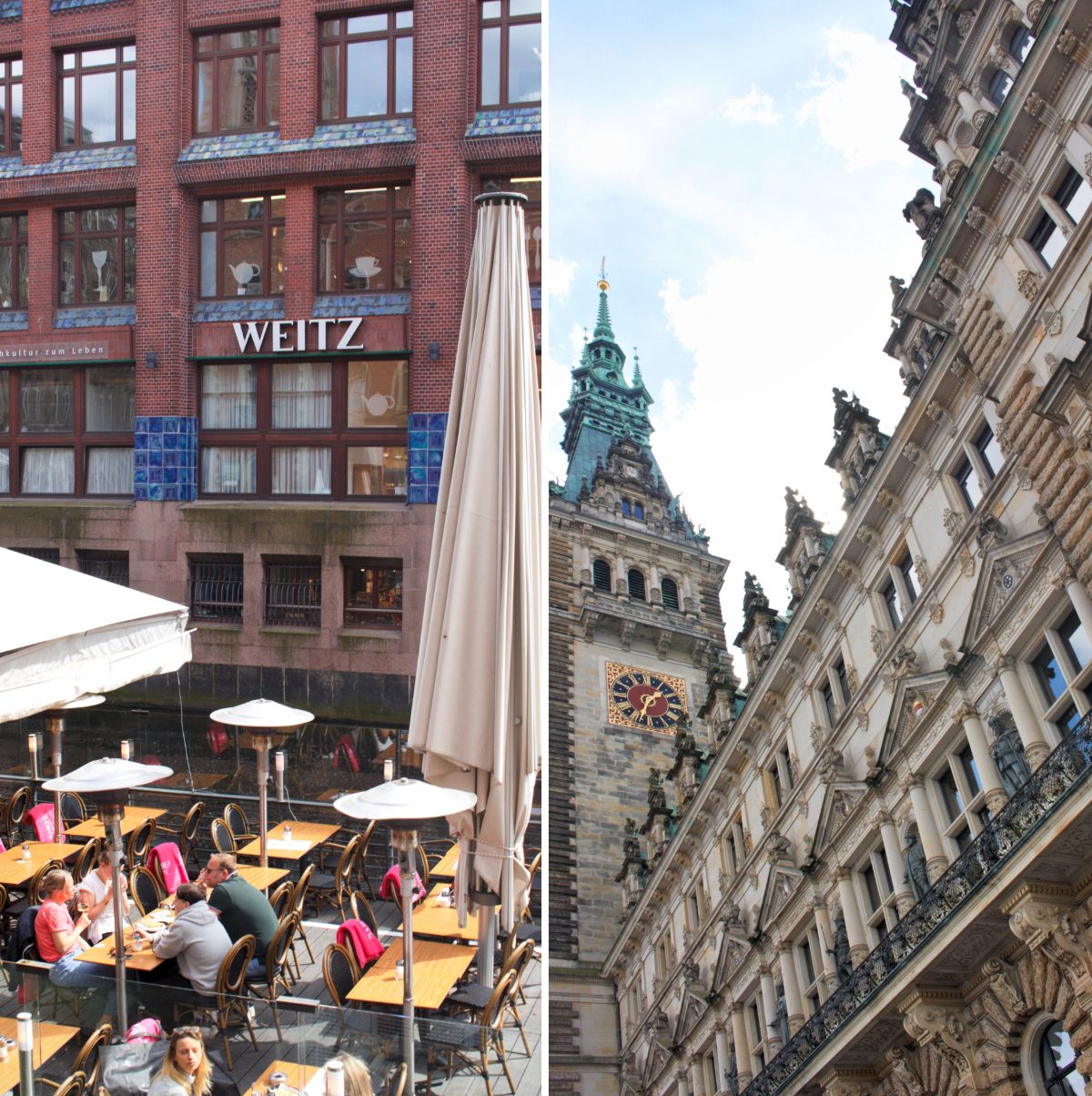 A cafe in town and Hamburg's city hall