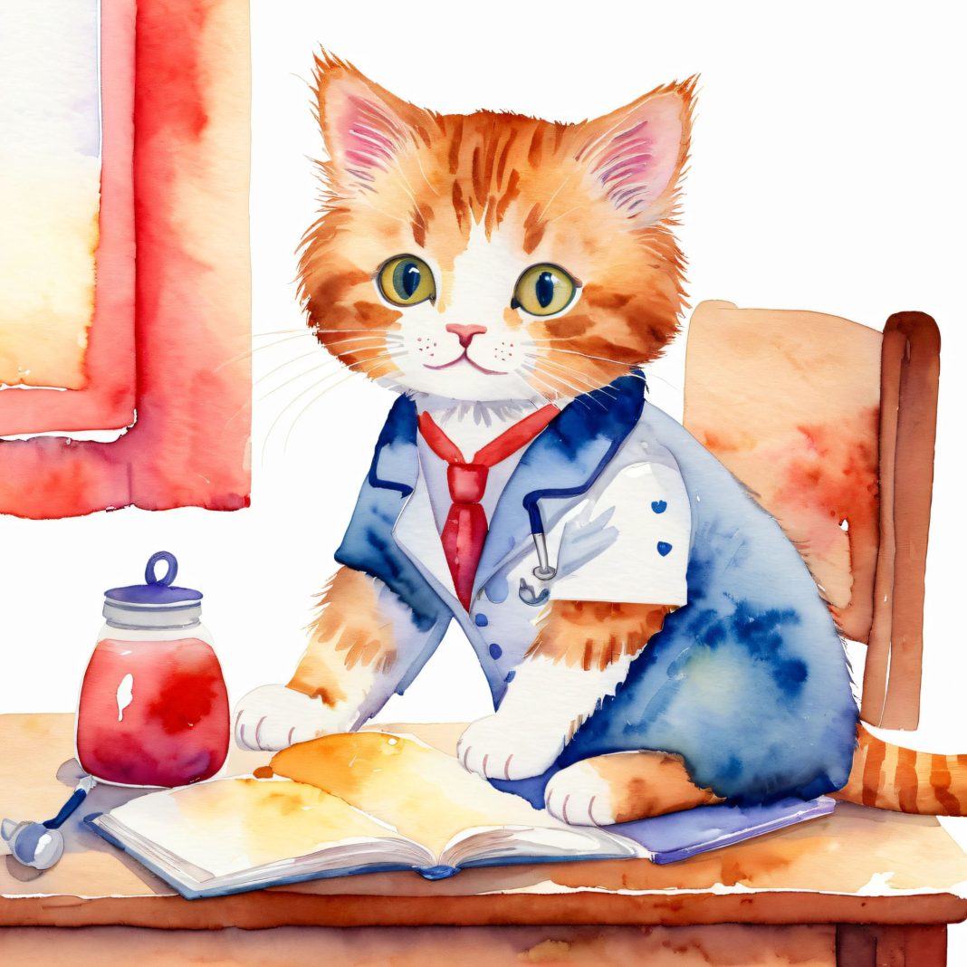 A cat dressed in doctor's uniform