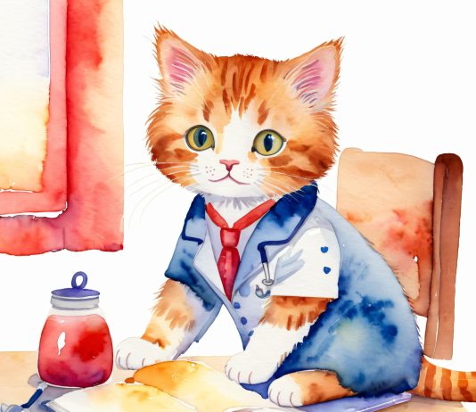 A cat dressed in doctor's uniform