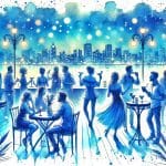 A watercolor painting about people sipping drinks and cocktails