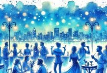 SIP YOUR WAY THROUGH A CITY A watercolor painting about people sipping drinks and cocktails