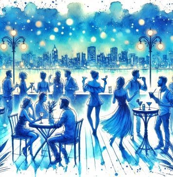 A watercolor painting about people sipping drinks and cocktails