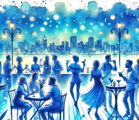 SIP YOUR WAY THROUGH A CITY A watercolor painting about people sipping drinks and cocktails