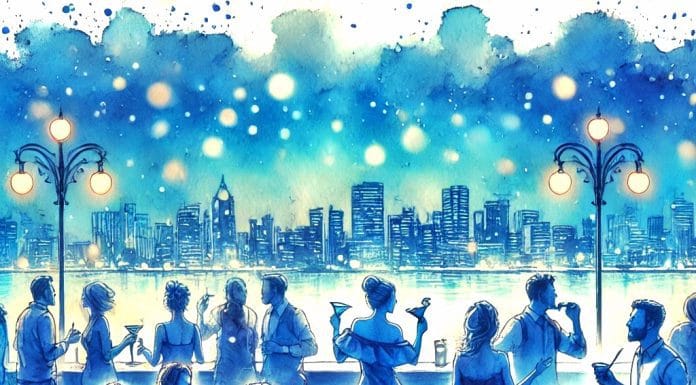 SIP YOUR WAY THROUGH A CITY A watercolor painting about people sipping drinks and cocktails