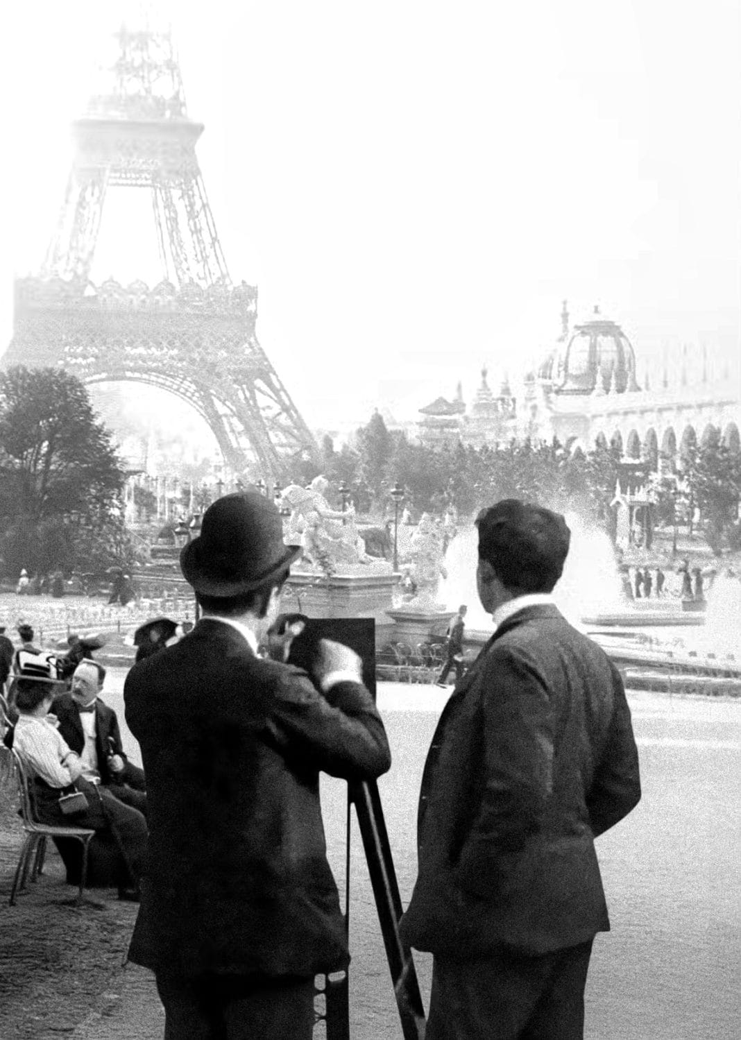 An old photo of the Lumiere Brother's having fun with their cinematogrape in Paris 